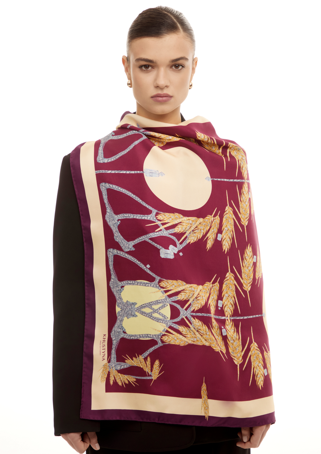 Silk scarf - Gold wheat bordo