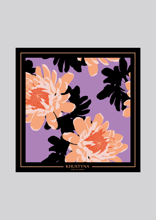 Foulard en soie - Fleurs orange &amp; violettes