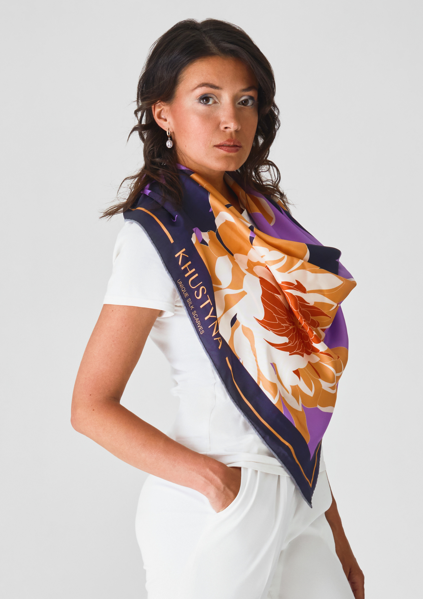 Silk scarf - Orange & purple flowers